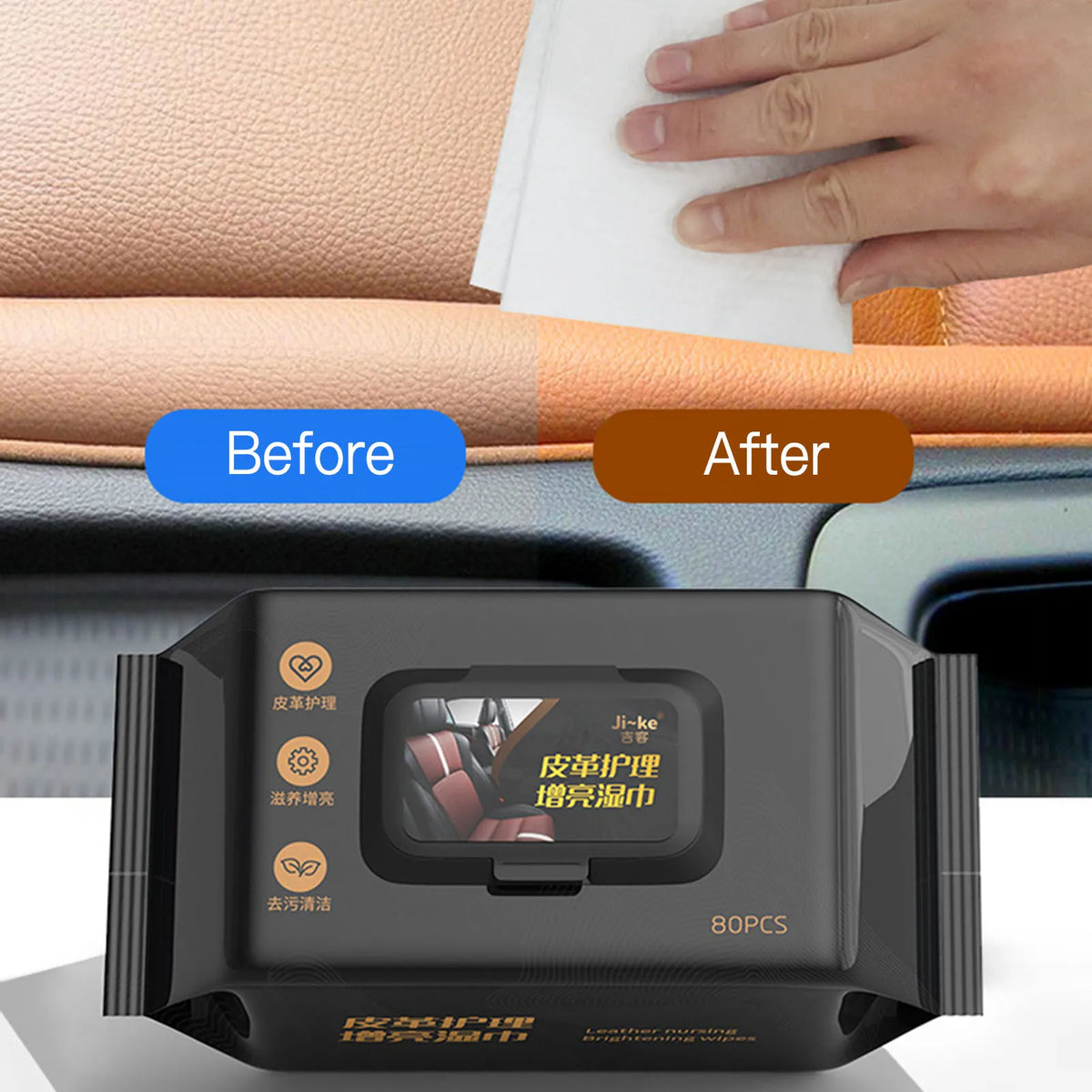 80pcs/bag Car Interior Cleaning Wipes Multi-function Car Dashboard Seat Leather Nursing Brightening Wipes Car Wash Care